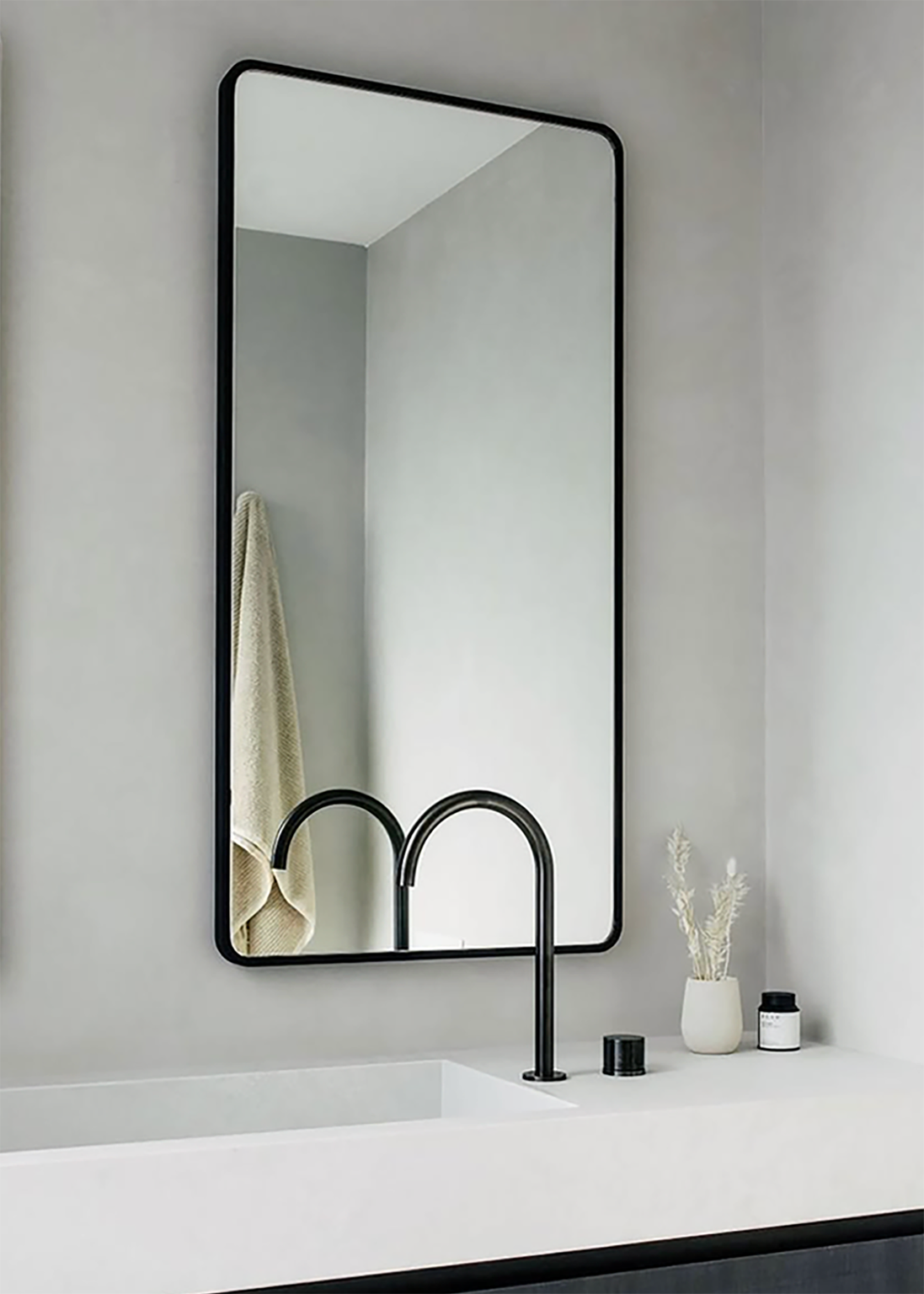 Custom made Single Vanity Radius Corner Metal Frame Mirror - Custom Sizes &amp; Tapware Inspired Finishes