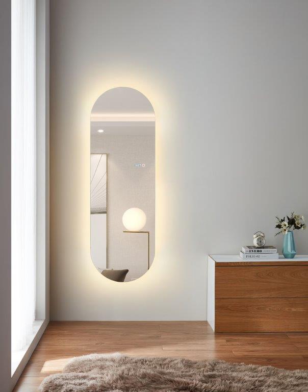 Odessa pill shaped mirror with LED Warm light 500mm  x 1500mm  - On/off switch on mirror - can hang both ways