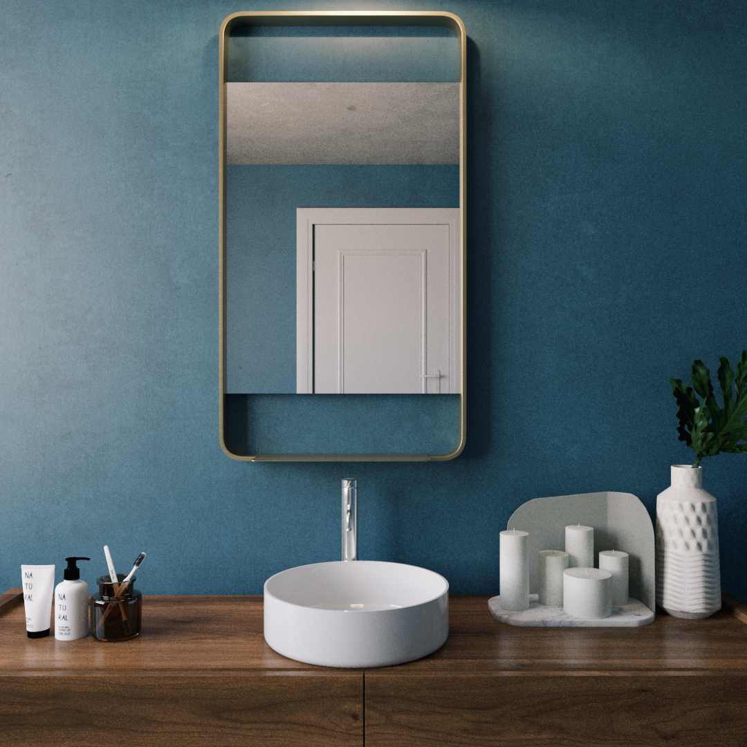 Lyon Brushed Brass Metal Bathroom Mirror - 550mm w x 1000mm h with shelf