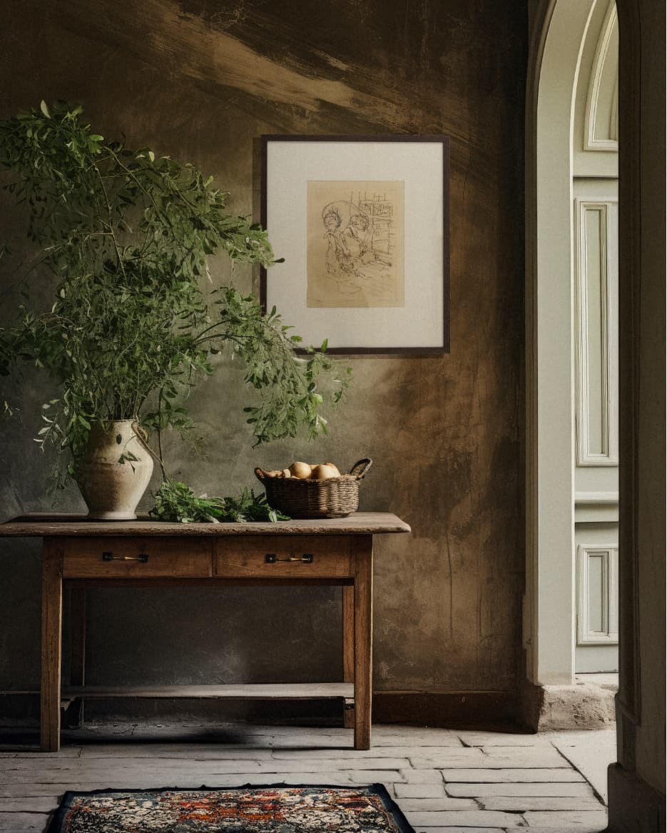 A framed drawing hanging above a timber side table