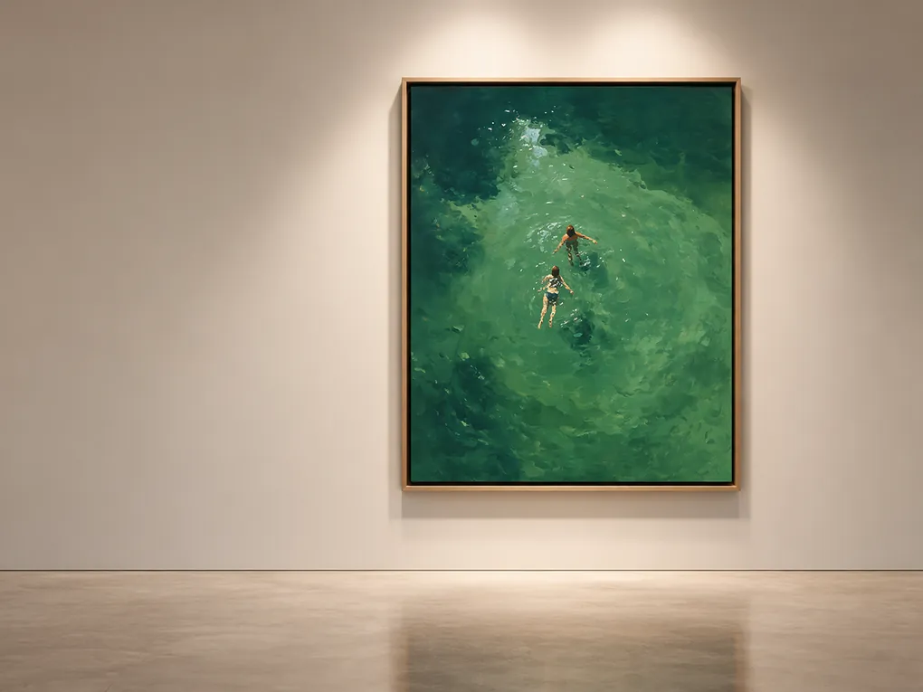 A painting of two swimmers in deep green water, in a slim oak frame, lit from above on a pale gallery wall over a polished concrete floor