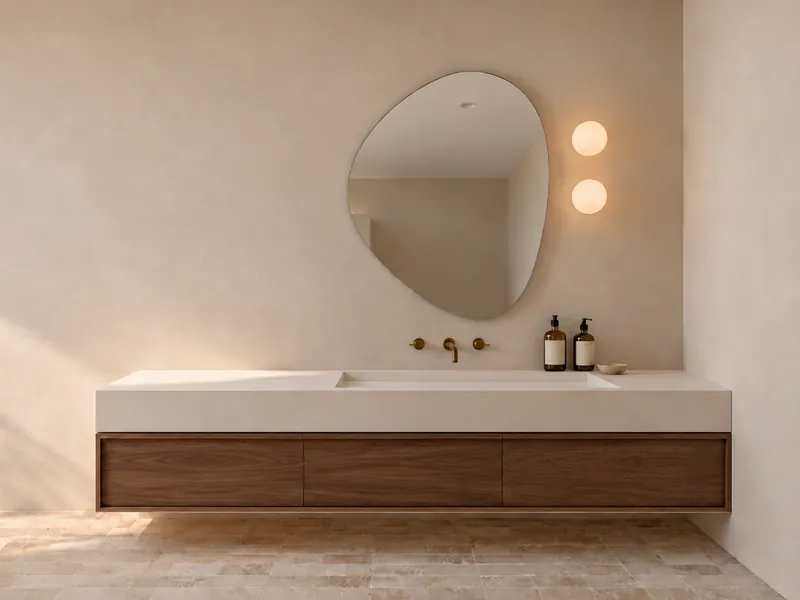 A frameless organic-shaped mirror above a floating walnut vanity with a stone top, on a warm plaster wall with two globe lights