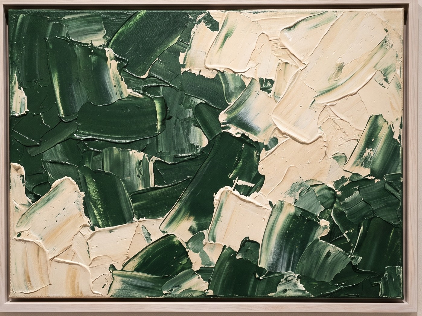 A textured green and cream painting set in a float frame