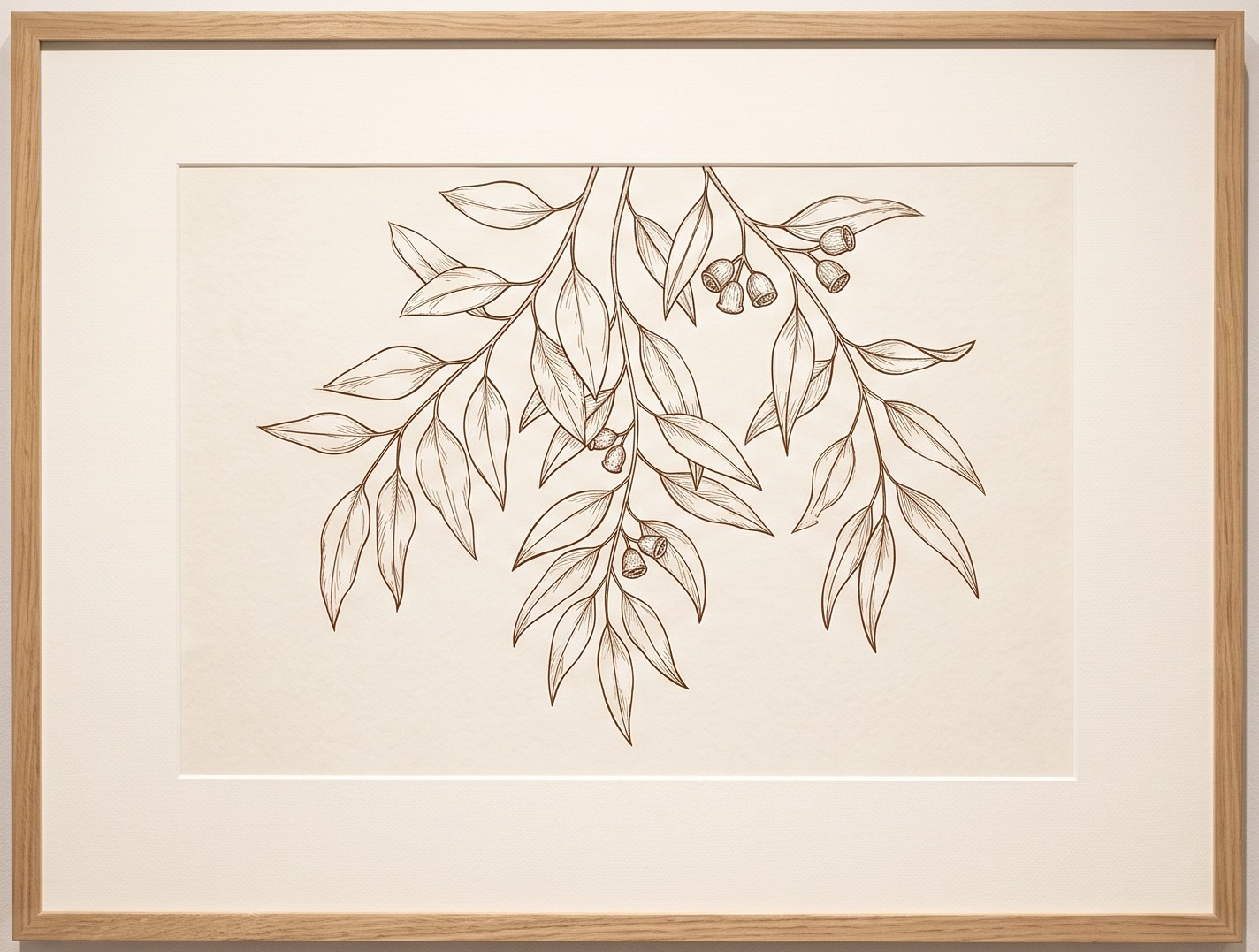 A botanical drawing framed in natural oak with a wide white mat