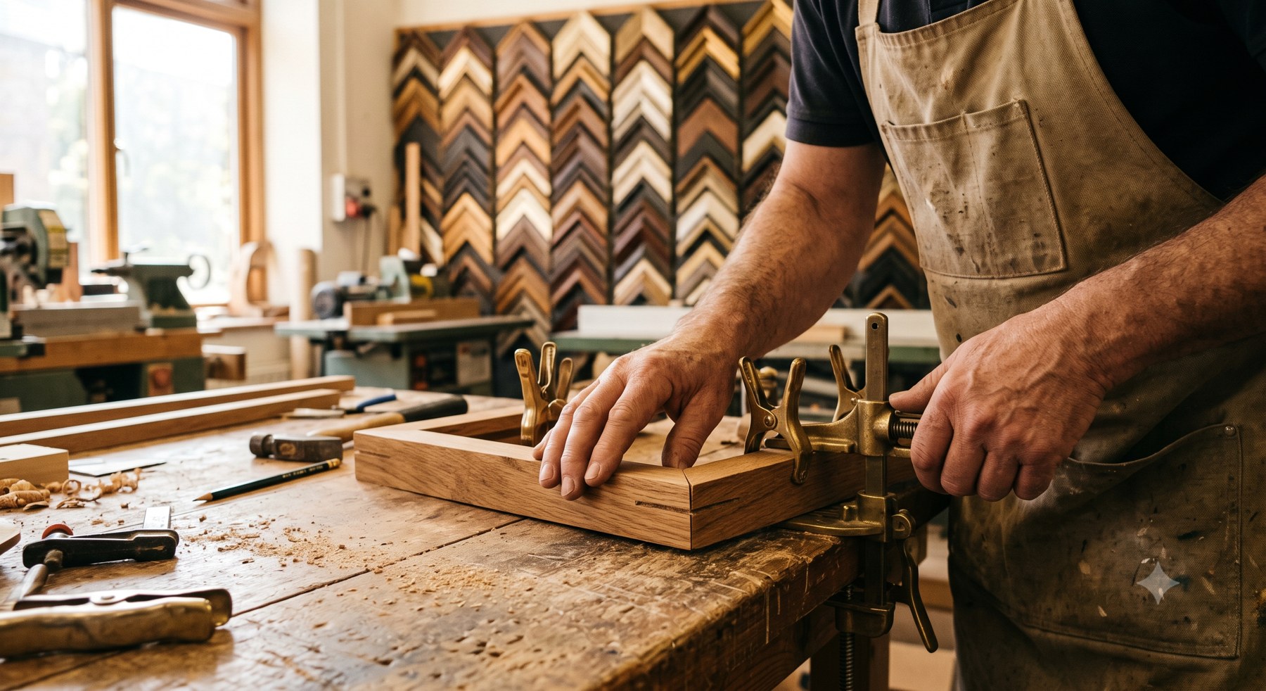 Hands clamping a timber frame at the workshop bench