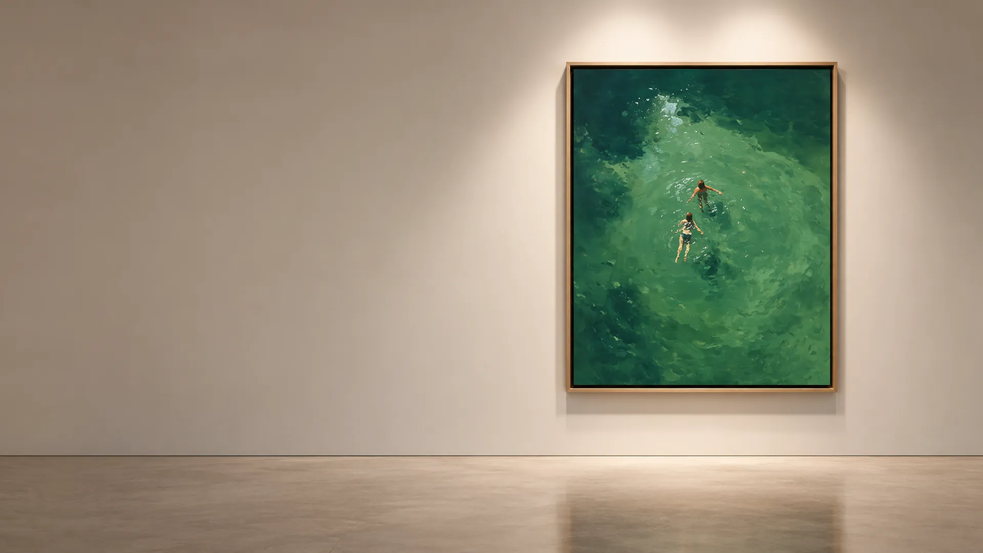A painting of two swimmers in deep green water, in a slim oak frame, lit from above on a pale gallery wall over a polished concrete floor