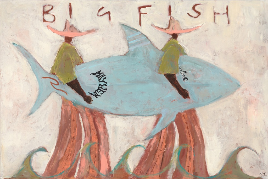Big Fish by Anna Munro: two figures in wide pink hats and tall striped red trousers carry a huge pale blue fish between them over curling green waves, with the words Big Fish painted across the top