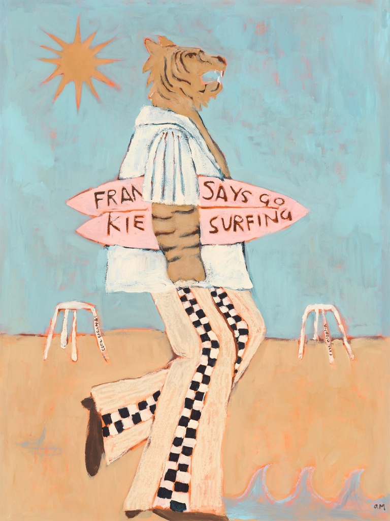 Frankie Says Go Surfing by Anna Munro: a tiger-headed figure in a white shirt and black and white chequered flares strides across the sand under a pale blue sky, carrying two pink surfboards lettered Frankie says go surfing