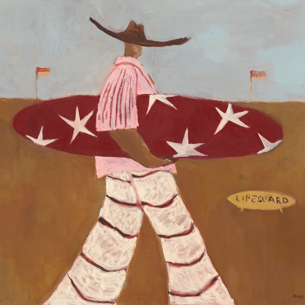 Lifeguard by Anna Munro: a figure in a wide brown hat, a pink striped shirt and white trousers carries a maroon surfboard covered in white stars across brown sand, with two small flags and a yellow Lifeguard board behind