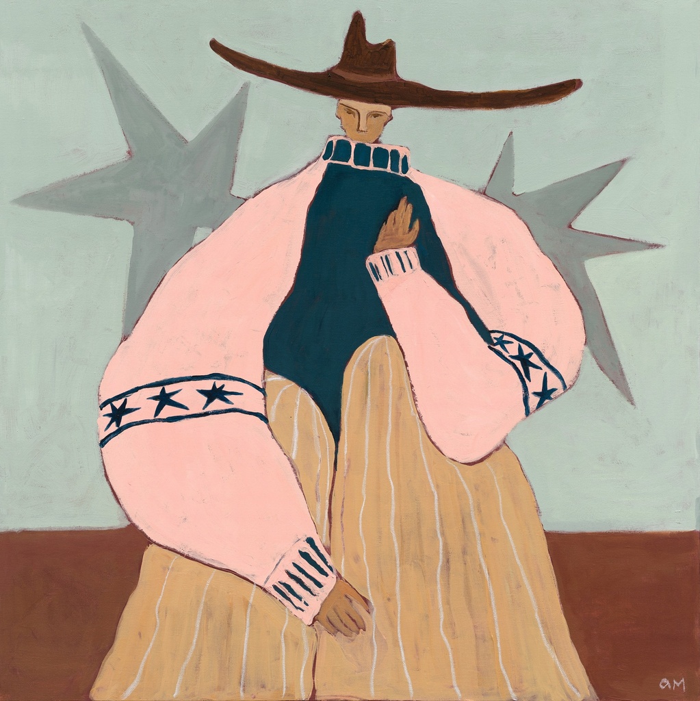 Stars by Anna Munro: a figure in a wide brown hat and a big pink jumper with a band of navy stars stands before two grey stars on a pale green sky, above a maroon ground